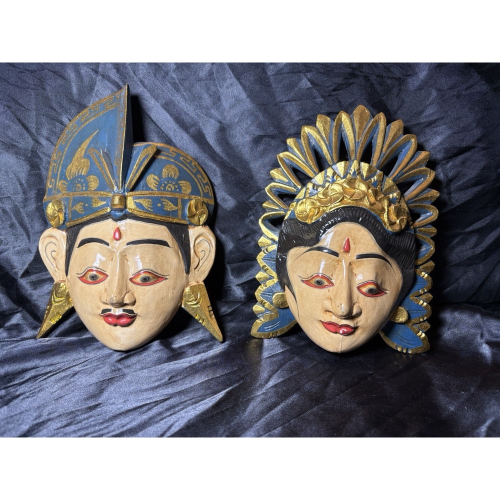 Vintage Indonesian Folk Art Hand Carved Painted Wood Face Wall Masks